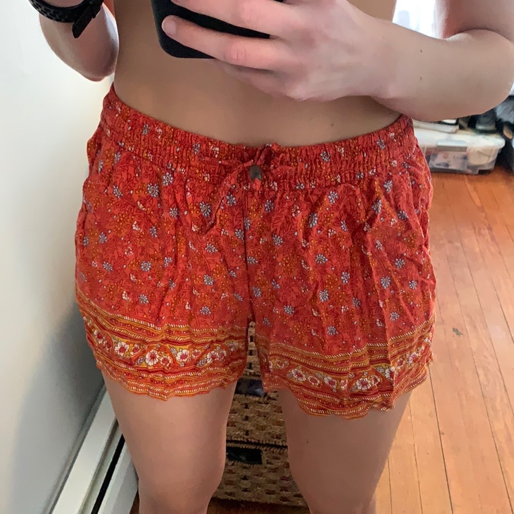 Orange print tie shorts